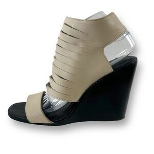 KDB Womens Leather Multi Strap Cage Wedge Sandals Beige Black 9